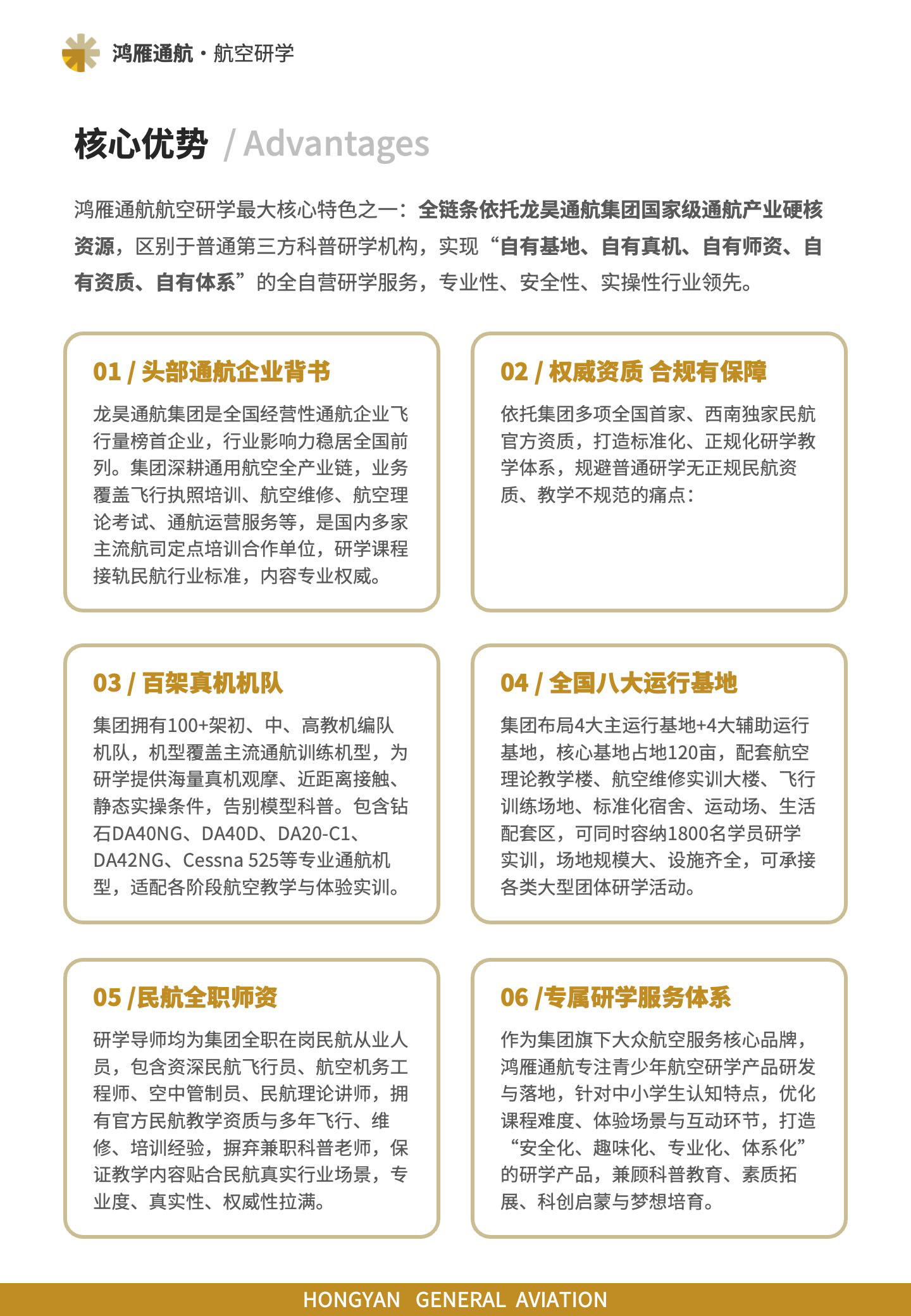 核心优势：鸿雁通航航空研学最大核心特色之一：全链条依托龙昊通航集团国家级通航产业硬核资源，区别于普通第三方科普研学机构，实现“自有基地、自有真机、自有师资、自有资质、自有体系”的全自营研学服务，专业性、安全性、实操性行业领先。