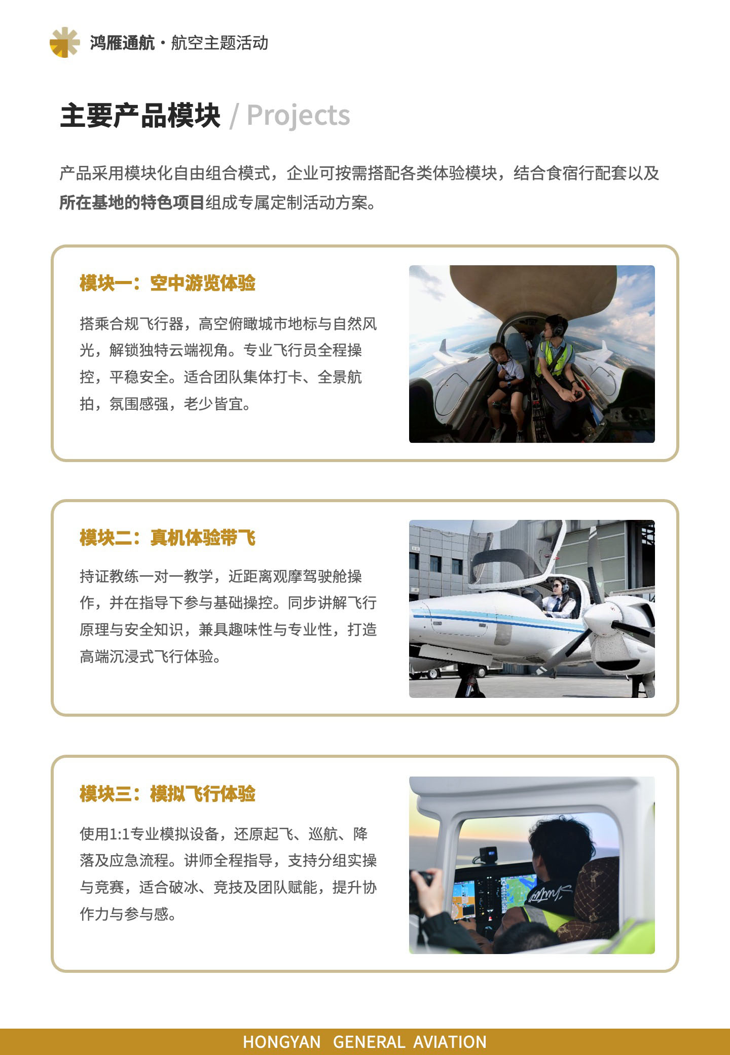主要产品模块:空中游览体验、真机体验带飞、模拟飞行体验
